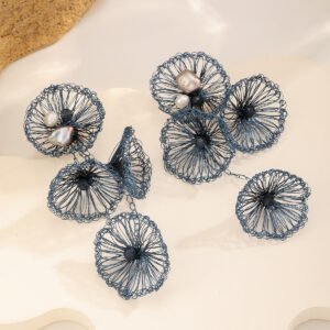Blue Filigree Crochet Flower Drop Earrings with Pearls