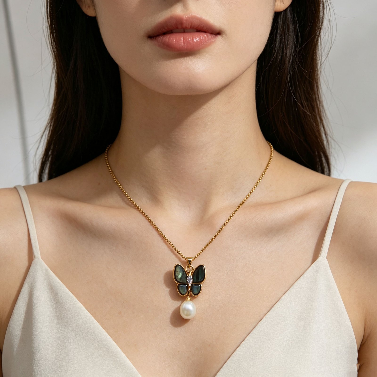 Abalone Shell Butterfly Jewelry Set with Pearl Accent - 18K Gold Plated Necklace, Earrings & Ring - Image 2