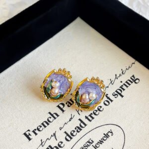 Vintage Oil Painting Enamel Cameo 4-Piece Jewelry Set - 18K Gold Plated Necklace, Earrings, Ring & Bracelet