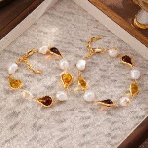 Bohemian Teardrop Amber & Freshwater Pearl Set - Gold Plated Necklace, Bracelet & Earrings
