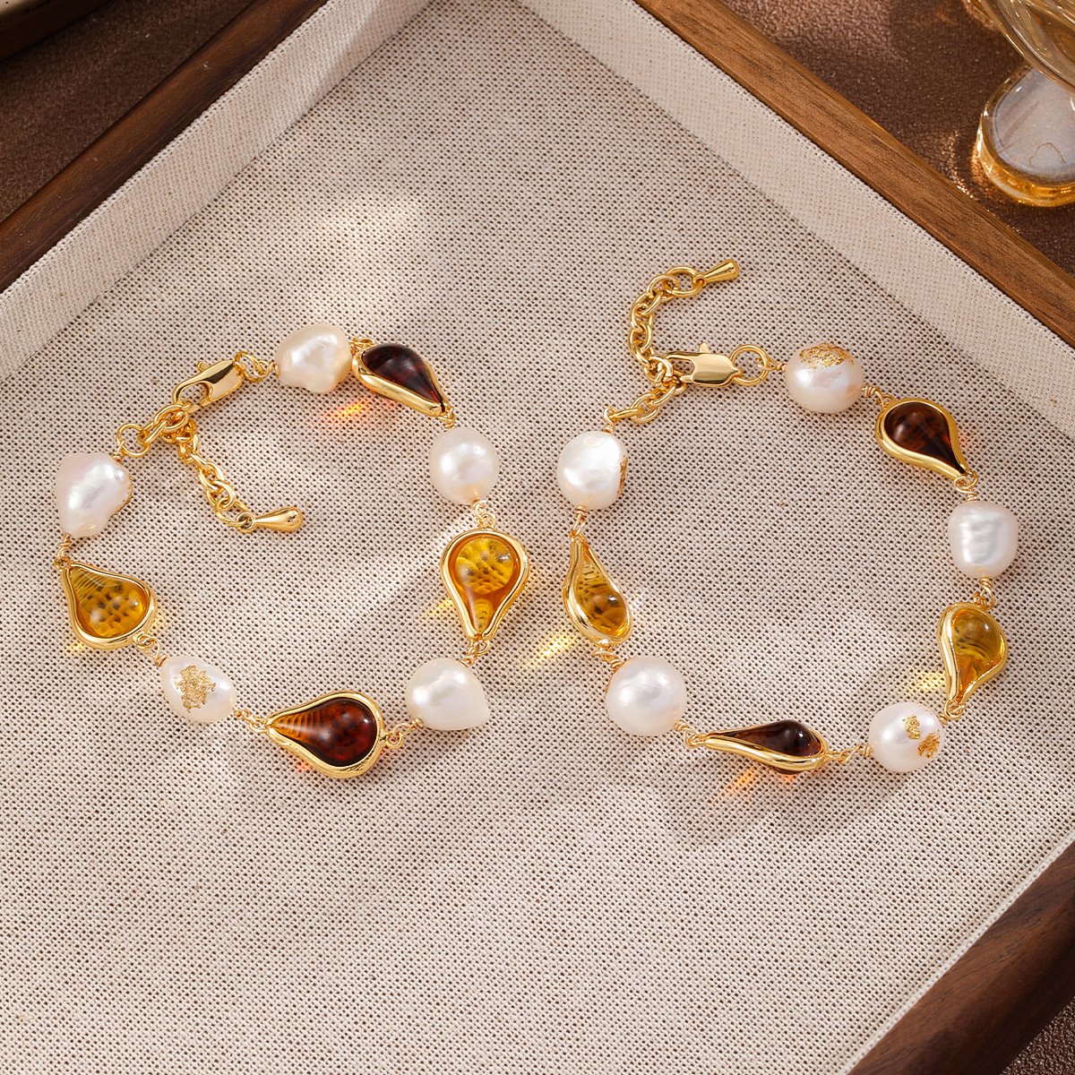 Bohemian Teardrop Amber & Freshwater Pearl Set - Gold Plated Necklace, Bracelet & Earrings