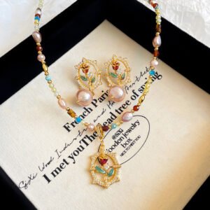 Vintage Rose Enamel Jewelry Set - 18K Gold Plated Baroque Pearl Beaded Necklace & Earrings for Women