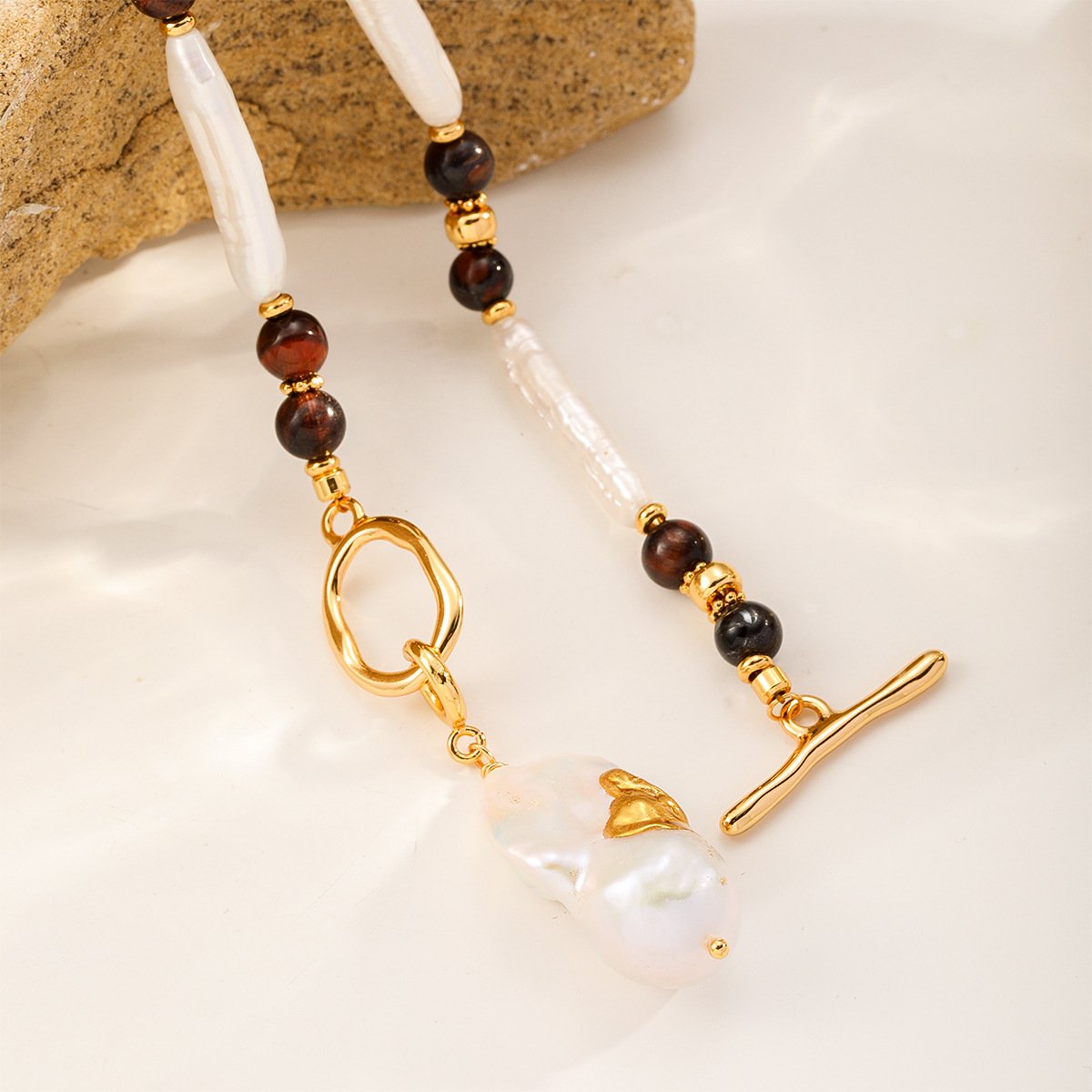 Vintage Black Agate & White Opal Jewelry Set - 18K Gold Plated Necklace, Ring & Earrings - Image 3