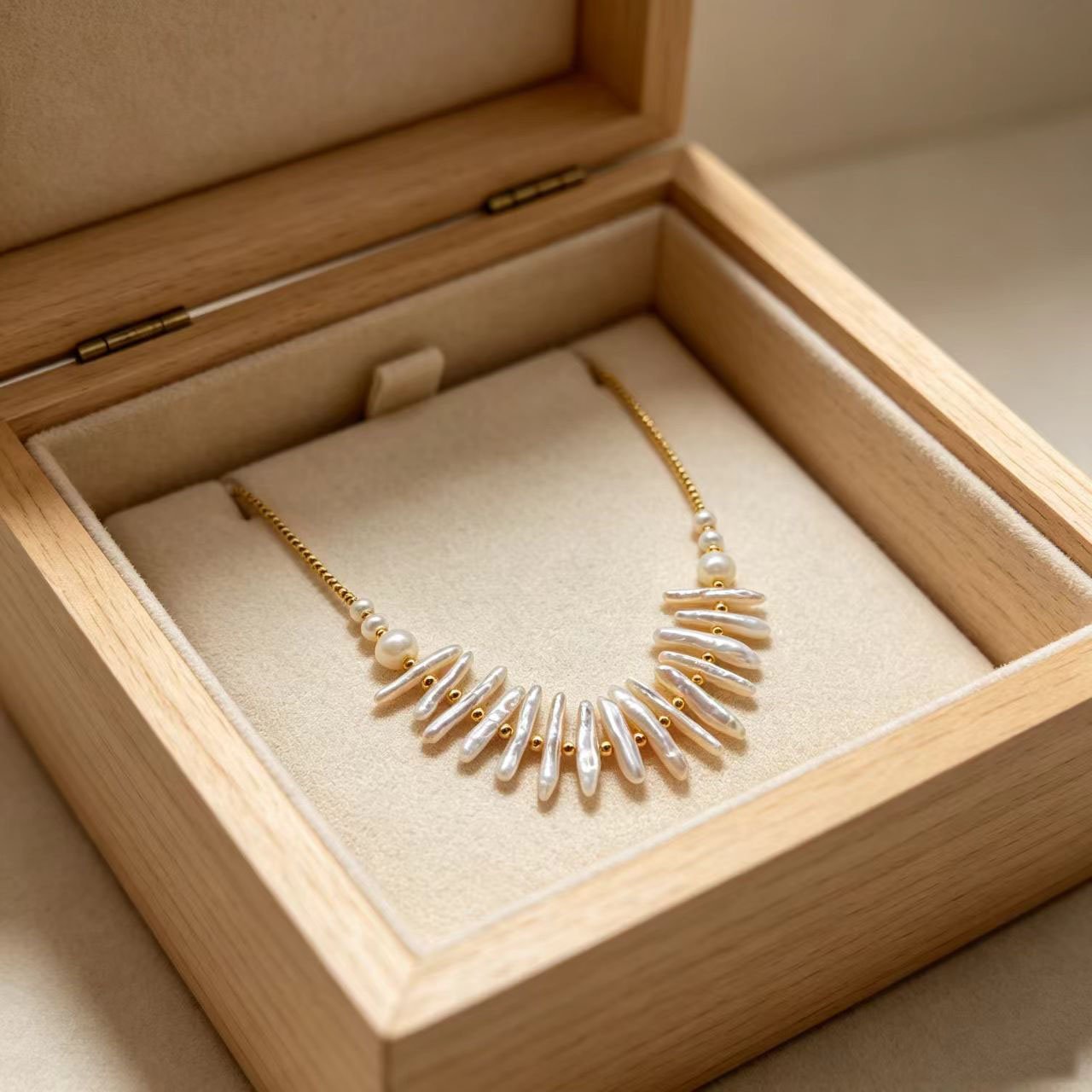 Biwa Stick Pearl Jewelry Set - 18K Gold Plated Statement Necklace & Earrings - Image 2