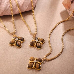 Vintage Tiger's Eye Jewelry Set - 18K Gold Plated Four-Leaf Clover Necklace, Ring & Drop Earrings