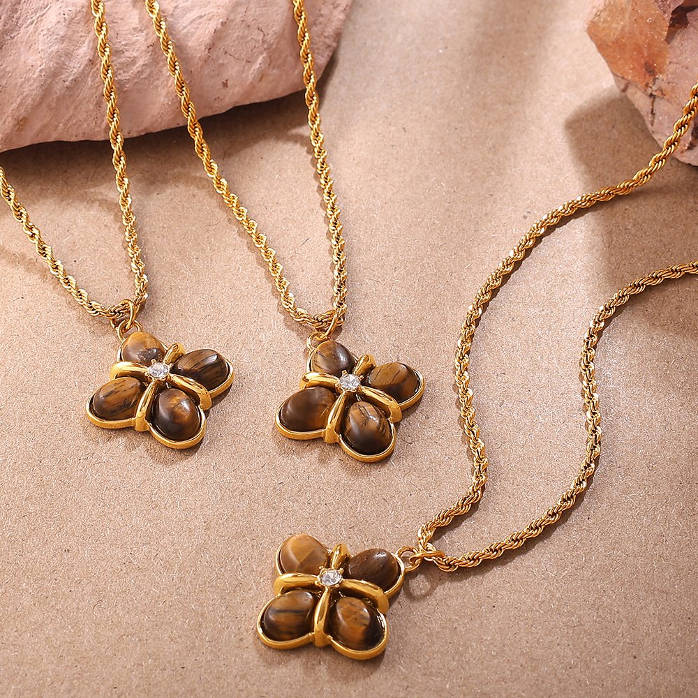 Vintage Tiger's Eye Jewelry Set - 18K Gold Plated Four-Leaf Clover Necklace, Ring & Drop Earrings