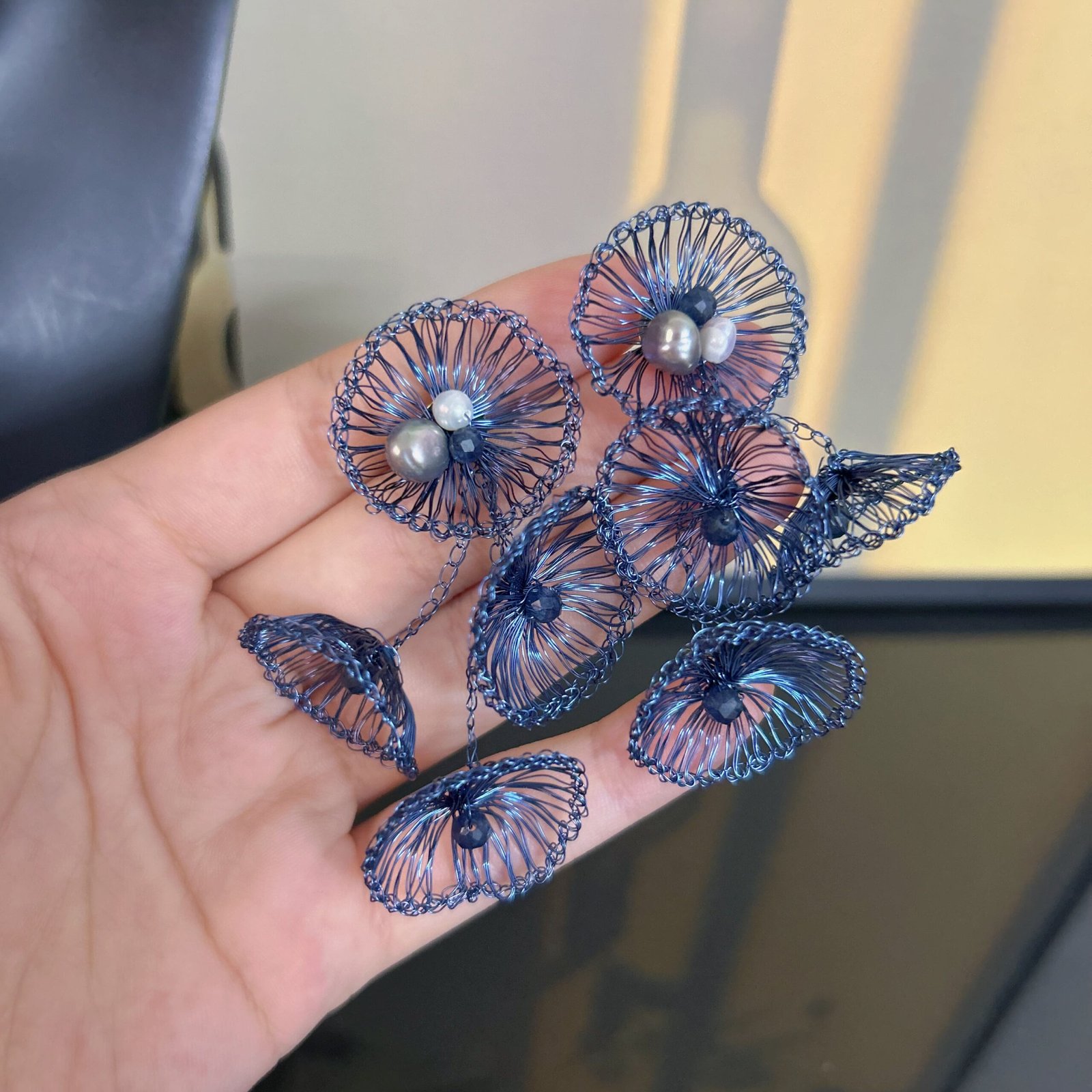 Blue Filigree Crochet Flower Drop Earrings with Pearls - Image 3