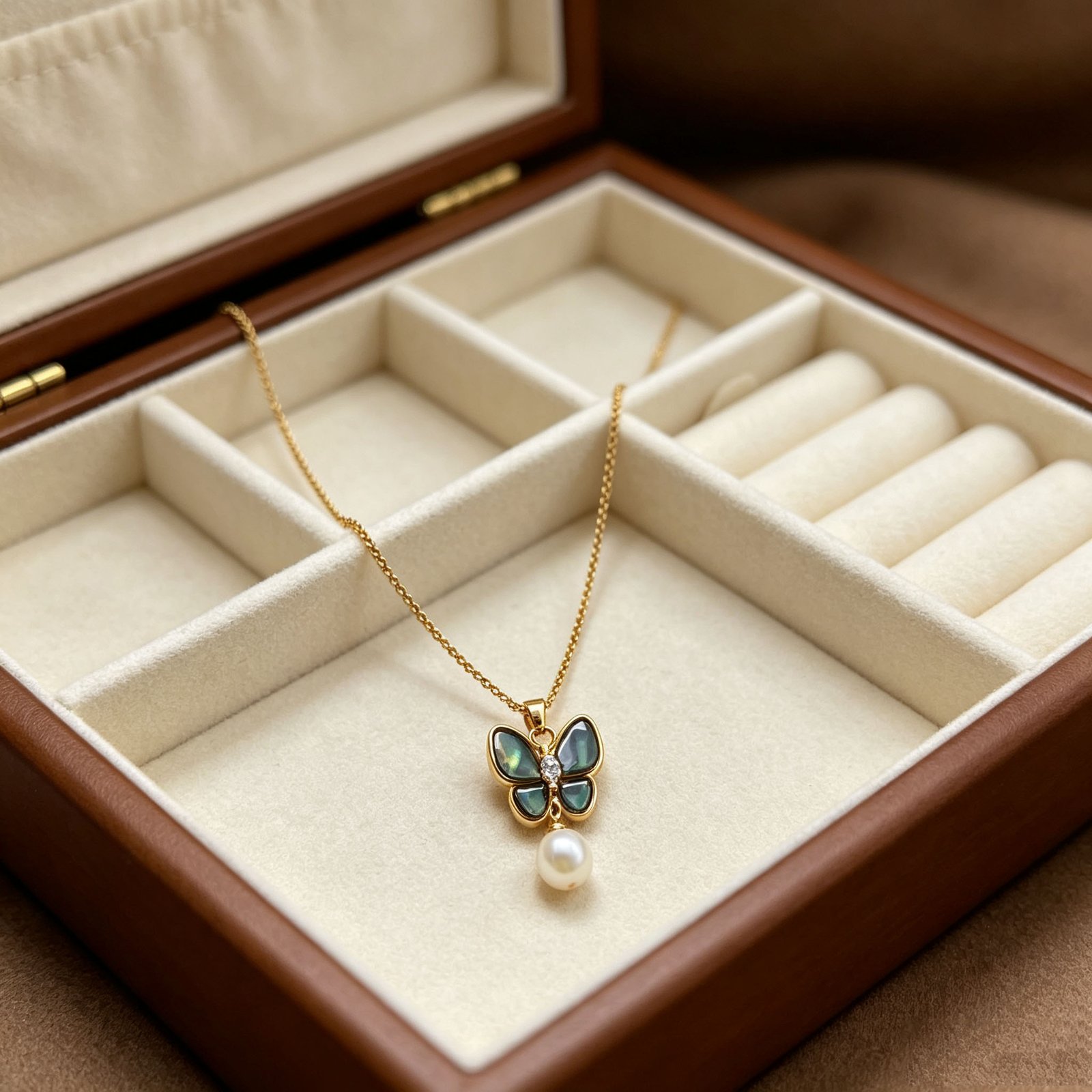 Abalone Shell Butterfly Jewelry Set with Pearl Accent - 18K Gold Plated Necklace, Earrings & Ring - Image 3