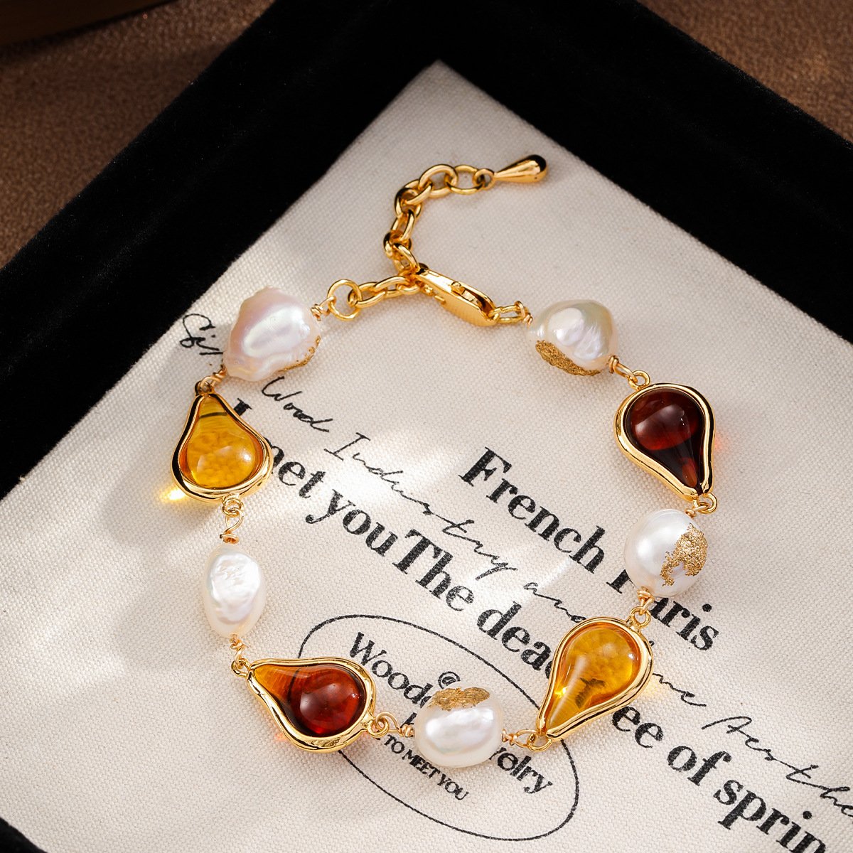 Bohemian Teardrop Amber & Freshwater Pearl Set - Gold Plated Necklace, Bracelet & Earrings - Image 3