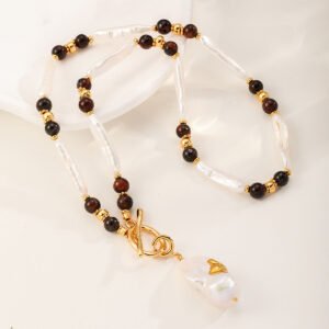 Vintage Black Agate & White Opal Jewelry Set - 18K Gold Plated Necklace, Ring & Earrings