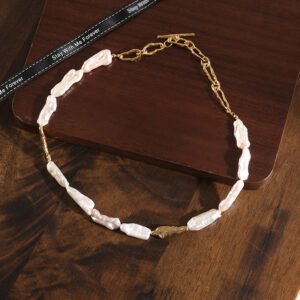 Elongated Baroque Pearl Jewelry Set - 18K Gold Plated Biwa Pearl Necklace, Bracelet & Flower Earrings