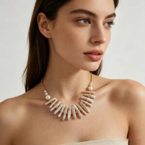 Biwa Stick Pearl Jewelry Set - 18K Gold Plated Statement Necklace & Earrings