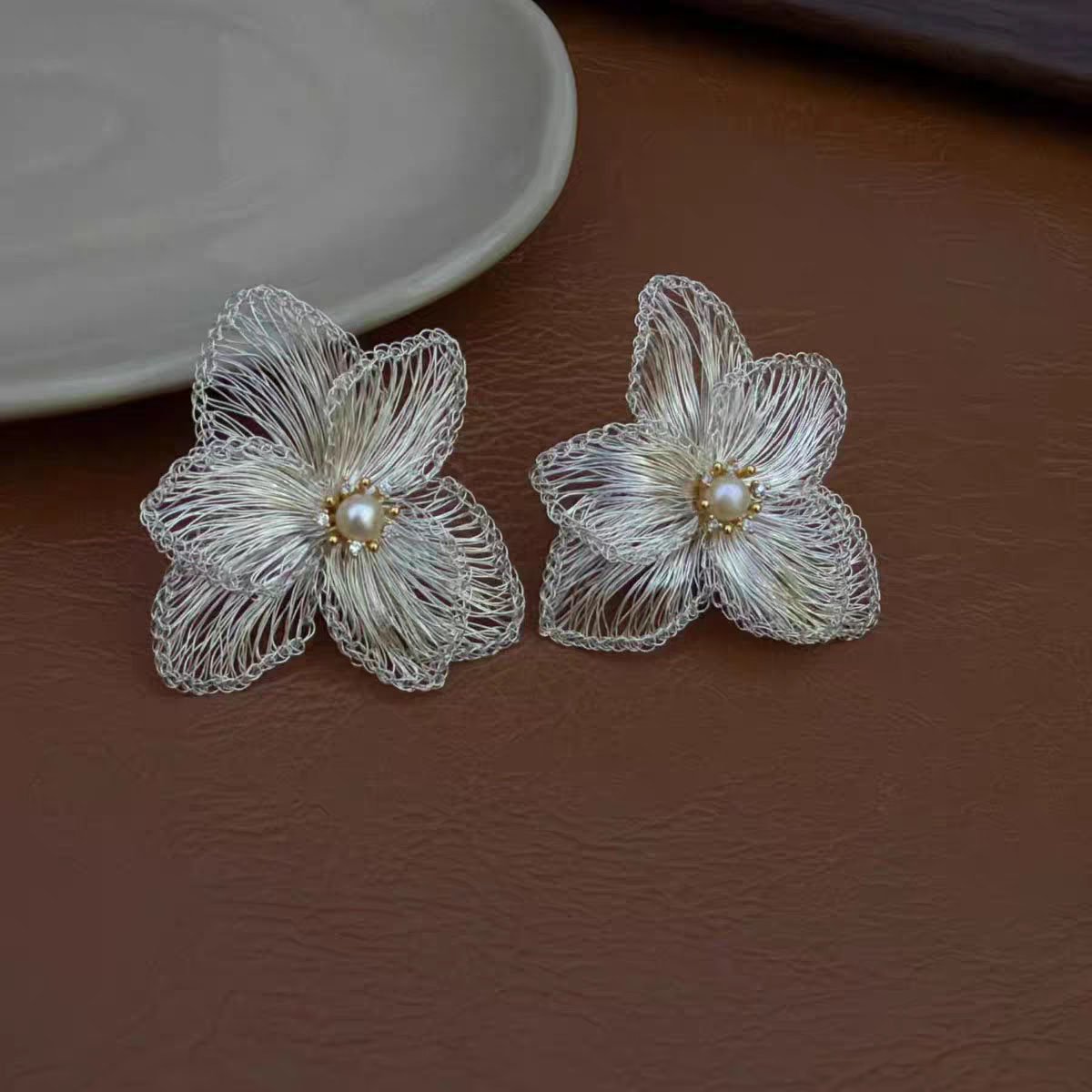 Filigree Flower Pearl Drop Earrings - 18K Gold Plated Statement Earrings - Image 7