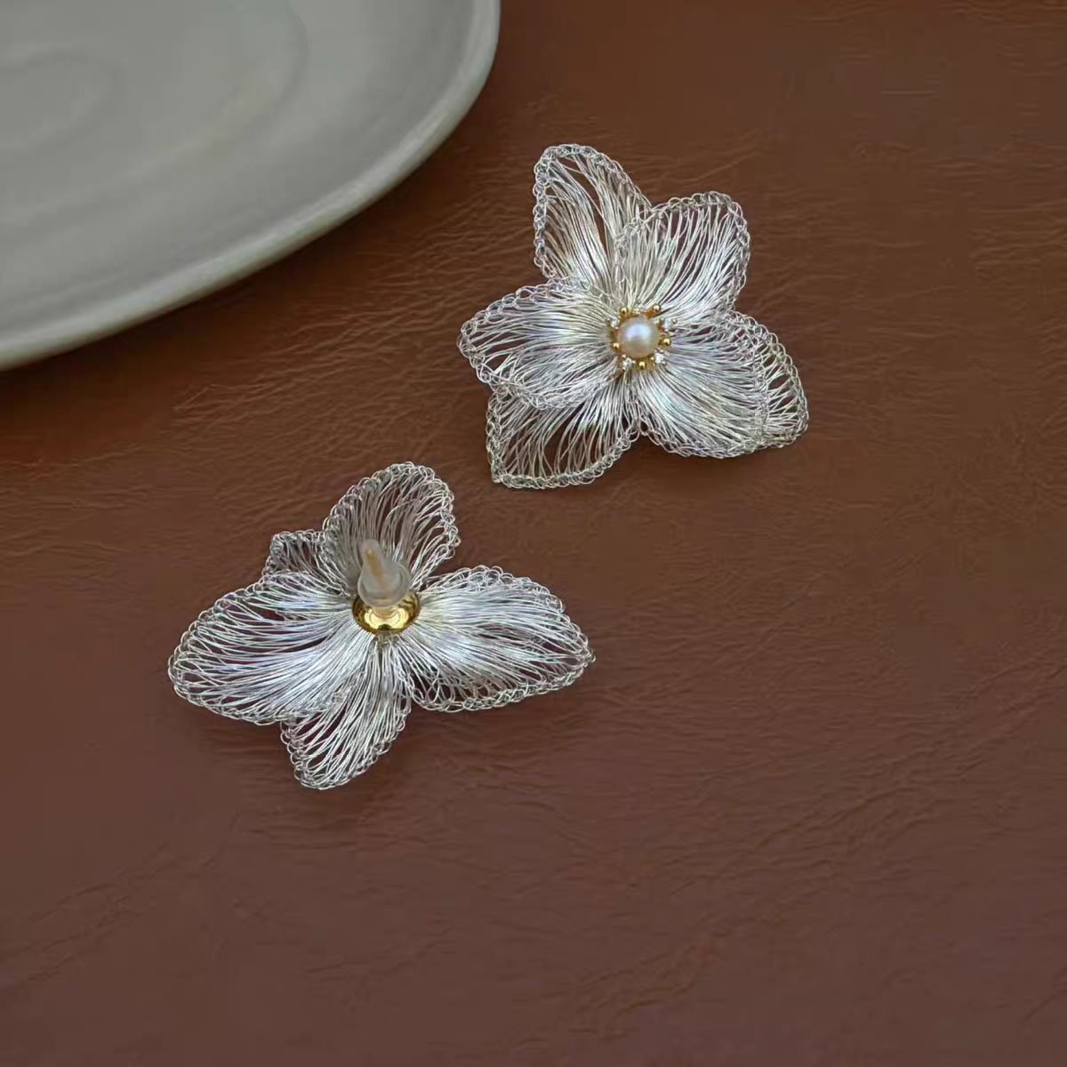 Filigree Flower Pearl Drop Earrings - 18K Gold Plated Statement Earrings - Image 6
