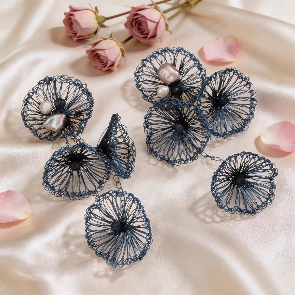 Blue Filigree Crochet Flower Drop Earrings with Pearls - Image 2