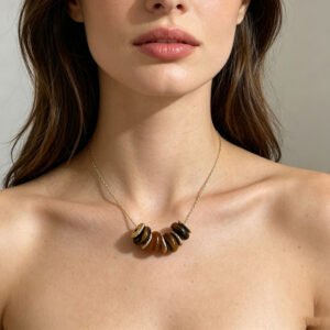 Tiger's Eye Stone Jewelry Set - 18K Gold Plated Necklace, Stud Earrings & Ring
