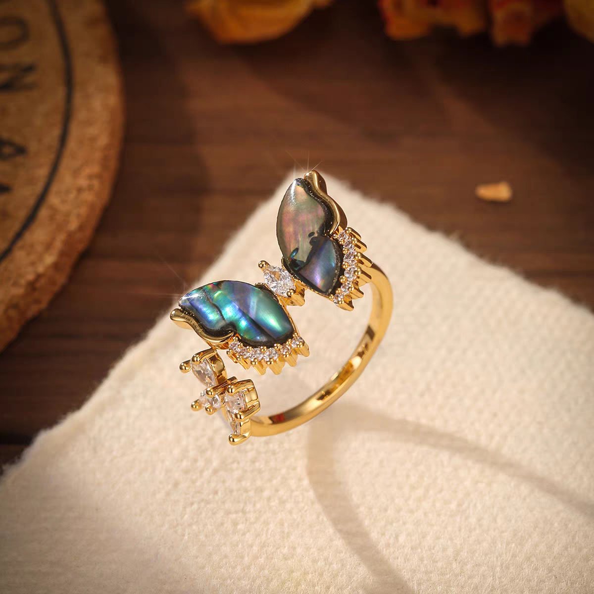 Abalone Shell Butterfly Jewelry Set with Pearl Accent - 18K Gold Plated Necklace, Earrings & Ring - Image 4