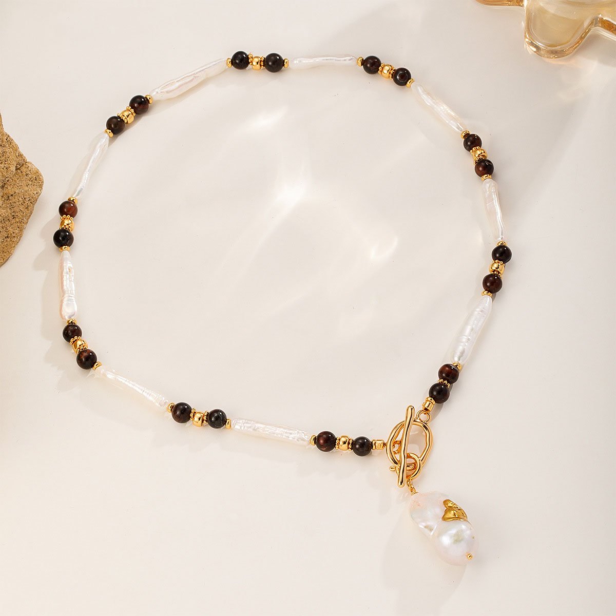 Vintage Black Agate & White Opal Jewelry Set - 18K Gold Plated Necklace, Ring & Earrings - Image 2