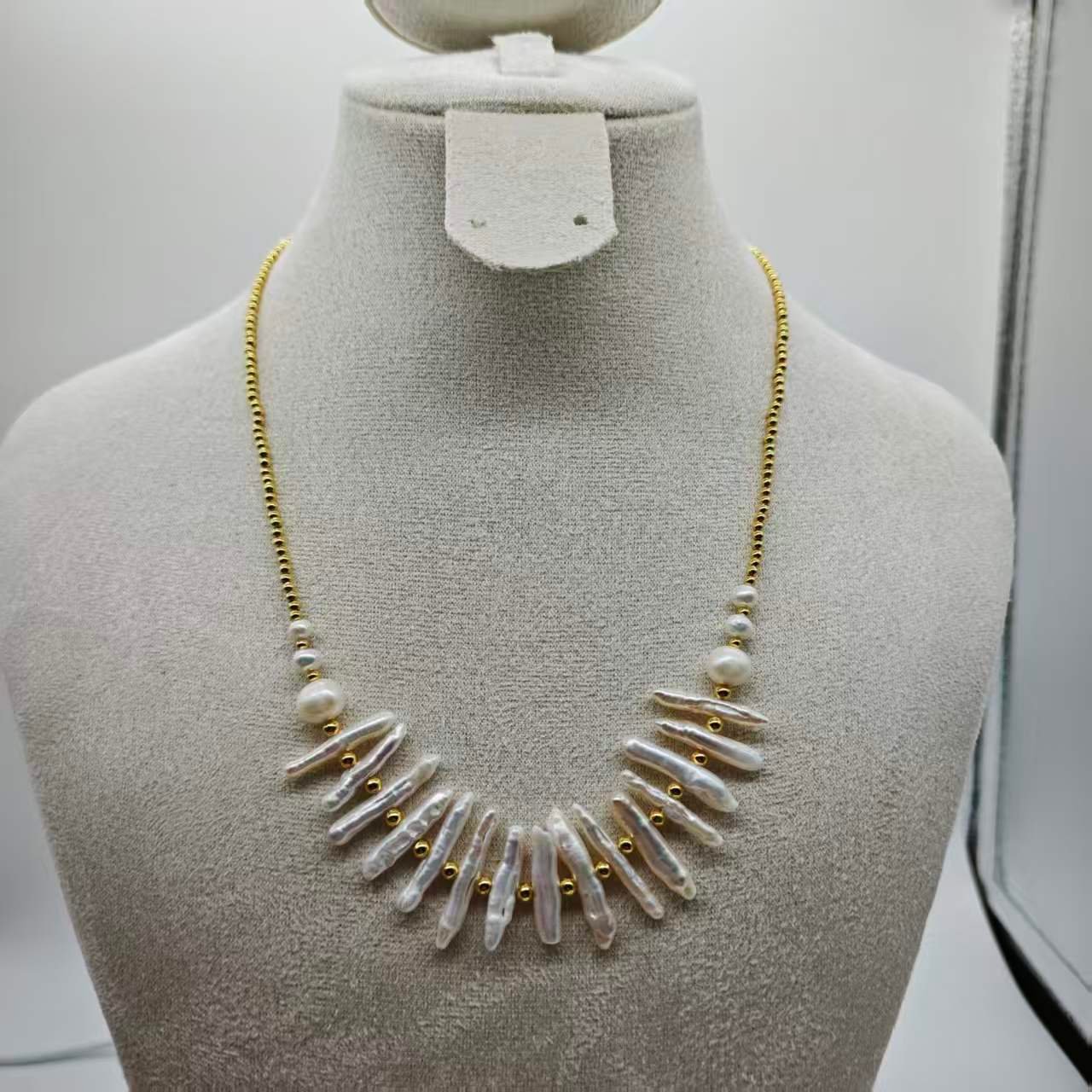 Biwa Stick Pearl Jewelry Set - 18K Gold Plated Statement Necklace & Earrings - Image 5
