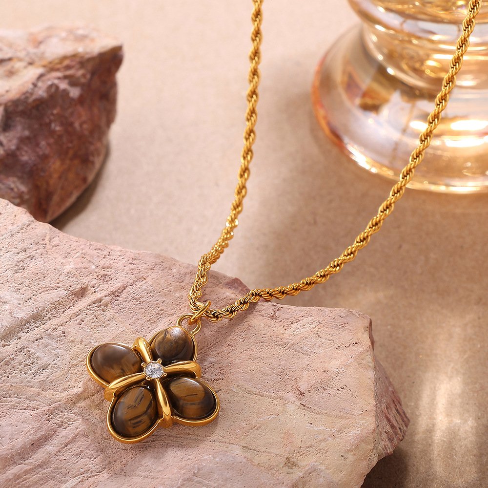 Vintage Tiger's Eye Jewelry Set - 18K Gold Plated Four-Leaf Clover Necklace, Ring & Drop Earrings - Image 3