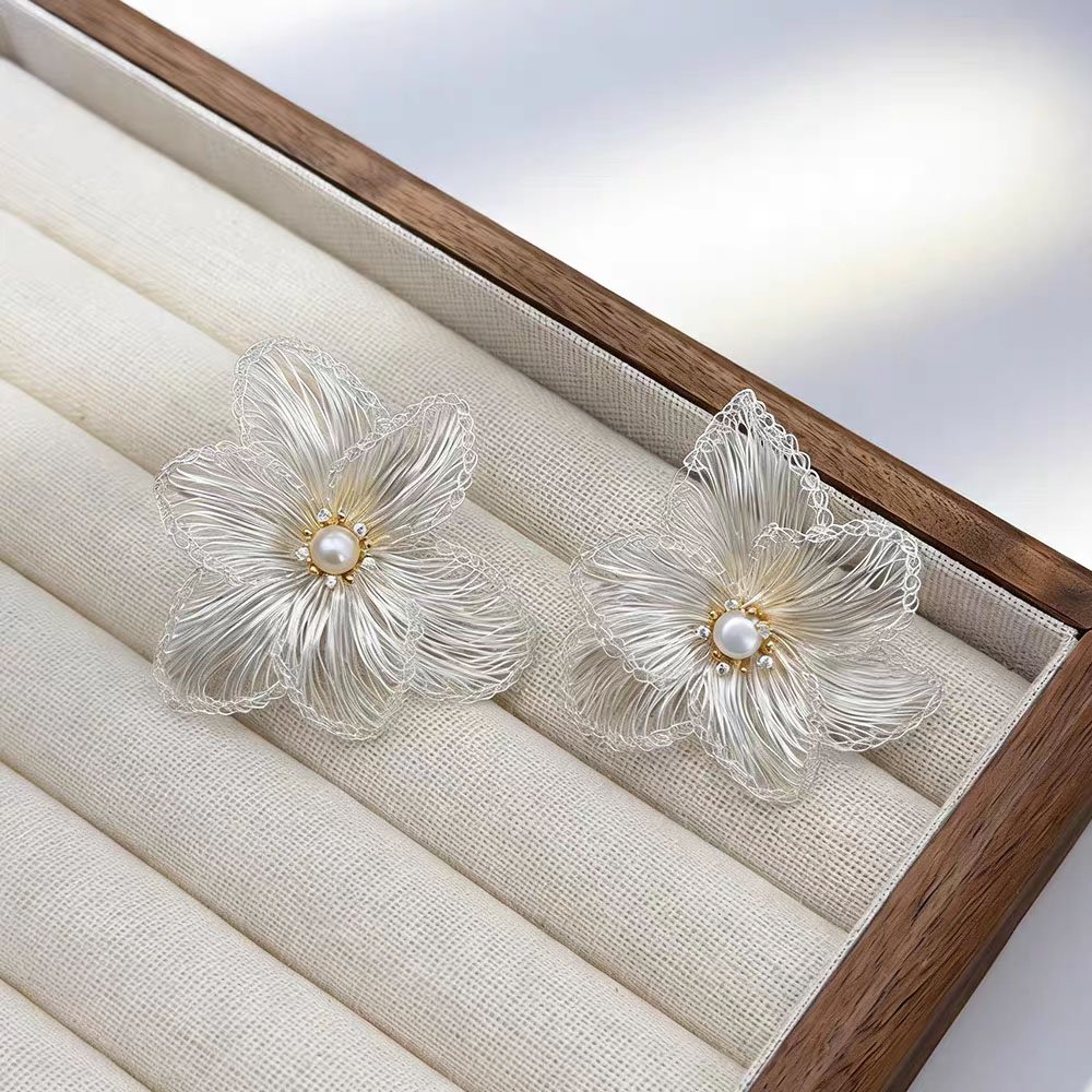 Filigree Flower Pearl Drop Earrings - 18K Gold Plated Statement Earrings