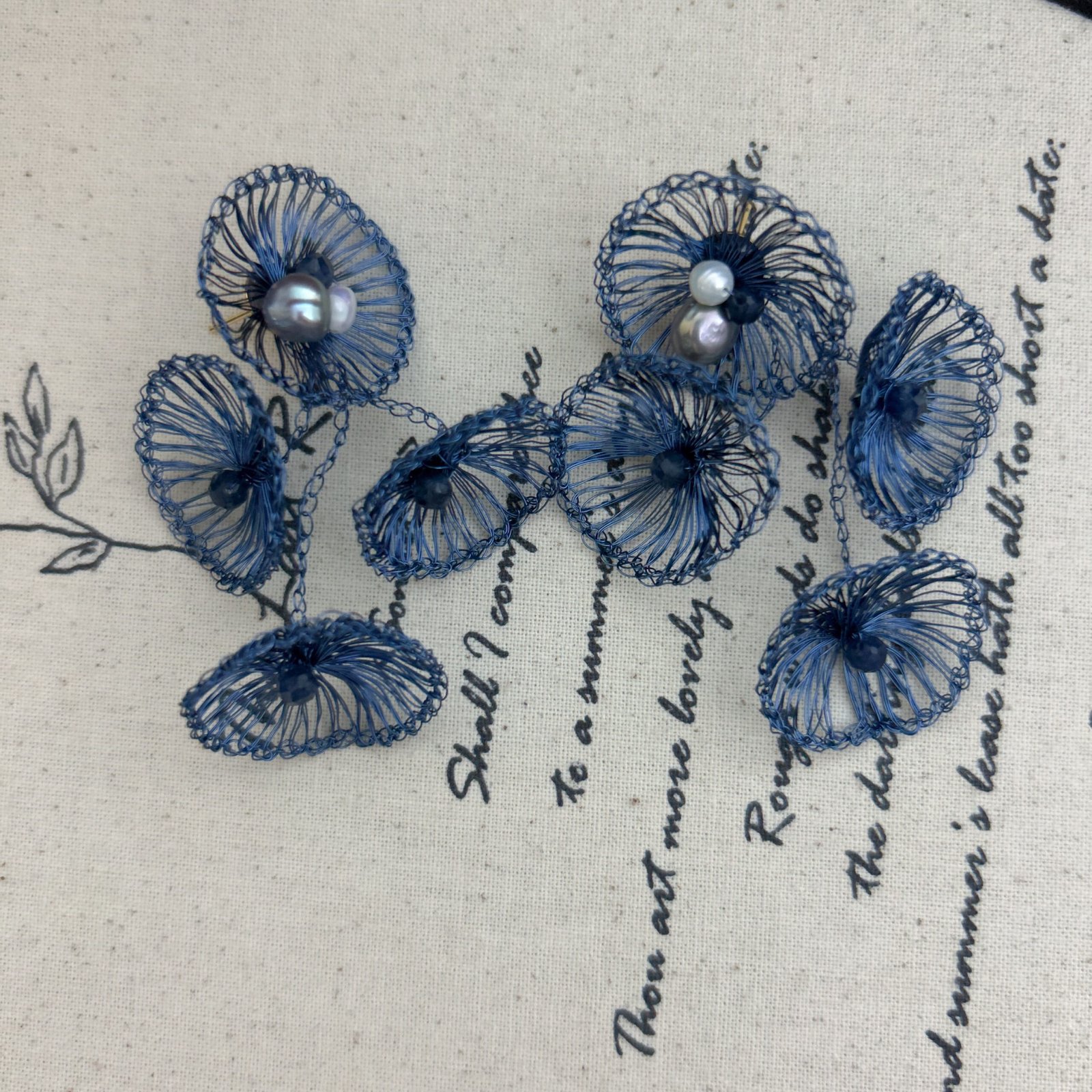 Blue Filigree Crochet Flower Drop Earrings with Pearls - Image 4