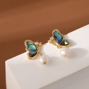 Abalone Shell Butterfly Jewelry Set with Pearl Accent - 18K Gold Plated Necklace, Earrings & Ring