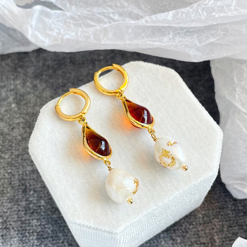 Bohemian Teardrop Amber & Freshwater Pearl Set - Gold Plated Necklace, Bracelet & Earrings - Image 4