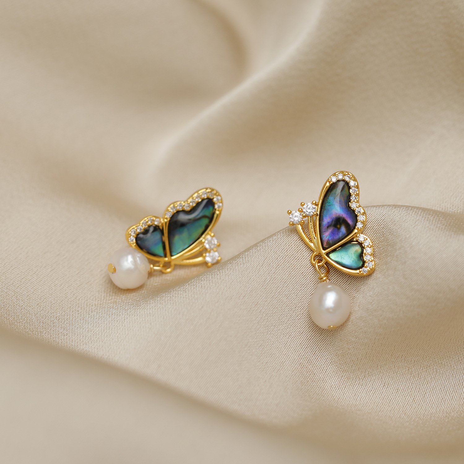 Abalone Shell Butterfly Jewelry Set with Pearl Accent - 18K Gold Plated Necklace, Earrings & Ring - Image 5