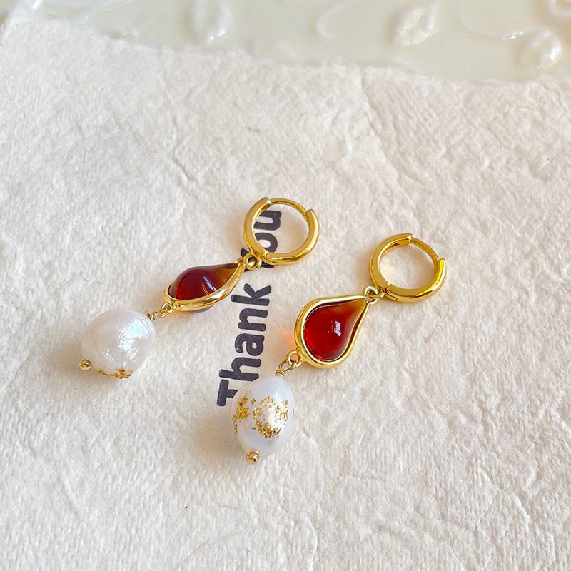 Bohemian Teardrop Amber & Freshwater Pearl Set - Gold Plated Necklace, Bracelet & Earrings - Image 7