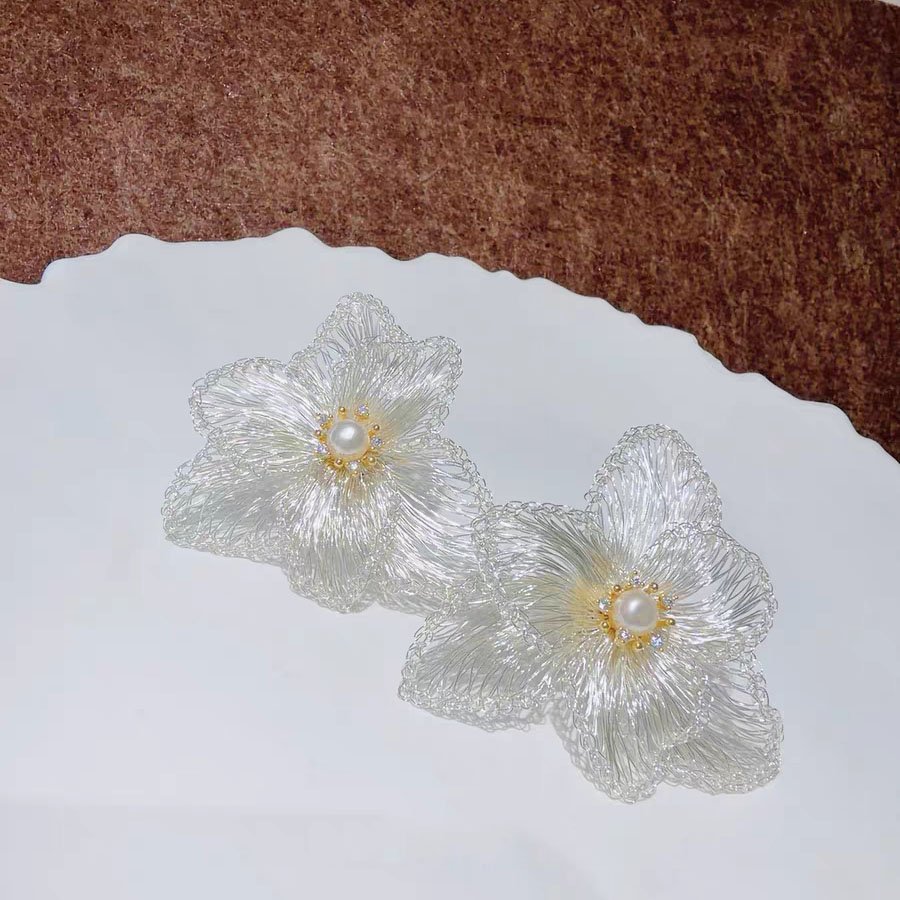 Filigree Flower Pearl Drop Earrings - 18K Gold Plated Statement Earrings - Image 5