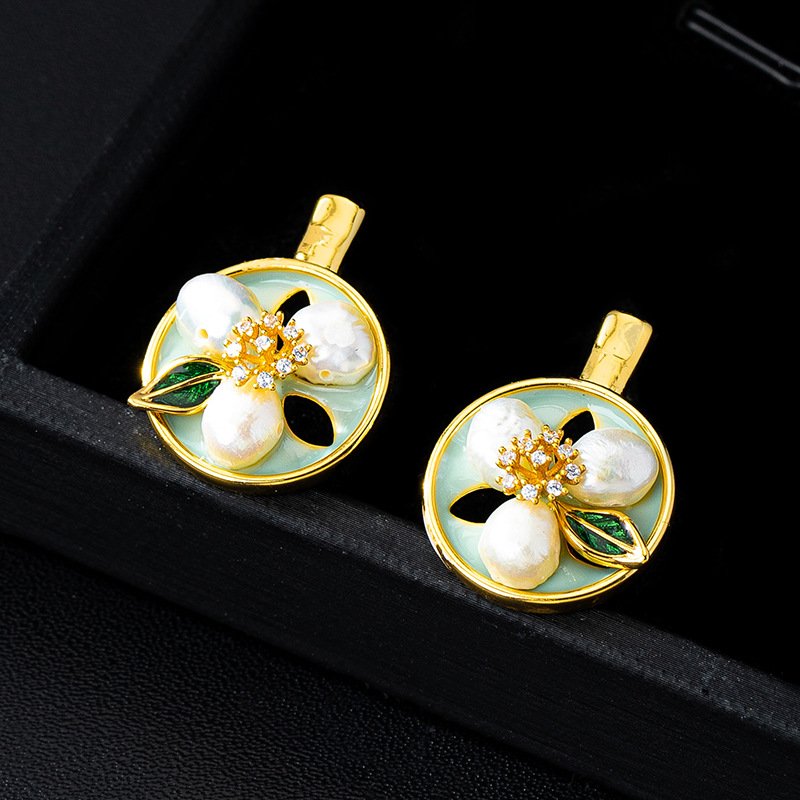 Vintage Enamel Flower Jewelry Set - 18K Gold Plated Baroque Pearl Necklace, Ring & Drop Earrings - Image 6