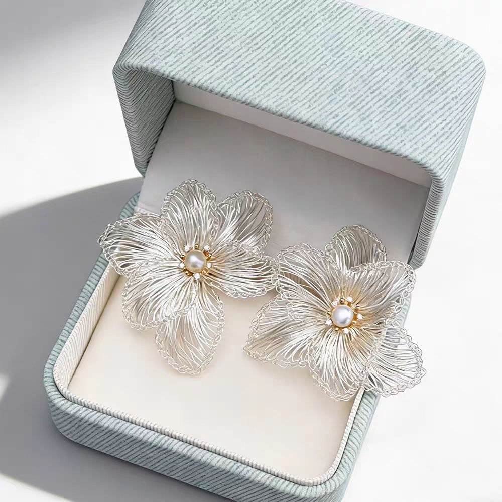 Filigree Flower Pearl Drop Earrings - 18K Gold Plated Statement Earrings - Image 4