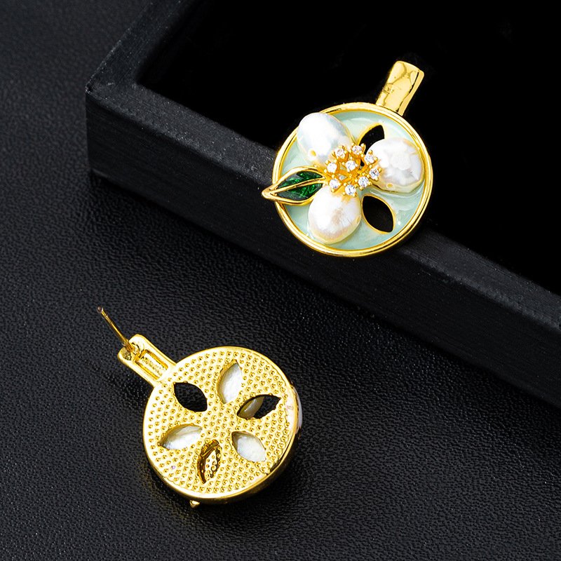Vintage Enamel Flower Jewelry Set - 18K Gold Plated Baroque Pearl Necklace, Ring & Drop Earrings - Image 7