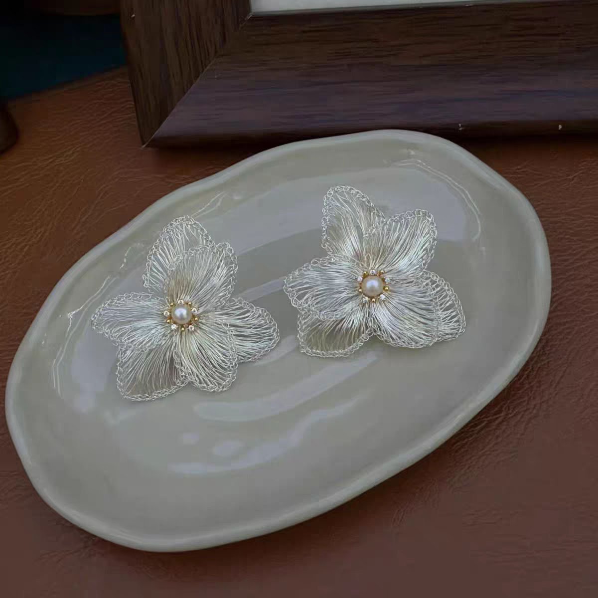 Filigree Flower Pearl Drop Earrings - 18K Gold Plated Statement Earrings - Image 3