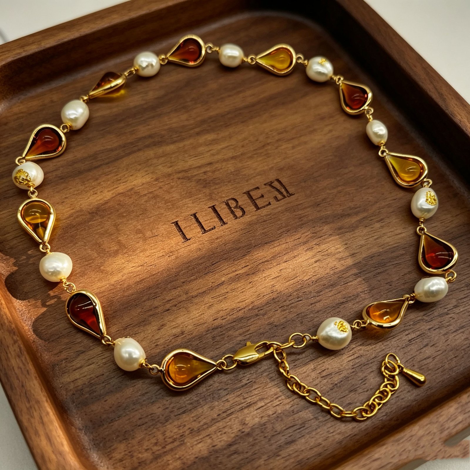 Bohemian Teardrop Amber & Freshwater Pearl Set - Gold Plated Necklace, Bracelet & Earrings - Image 2