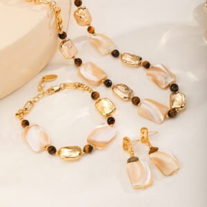 Mother of Pearl & Tiger's Eye Jewelry Set - 18K Gold Plated Necklace, Bracelet & Drop Earrings