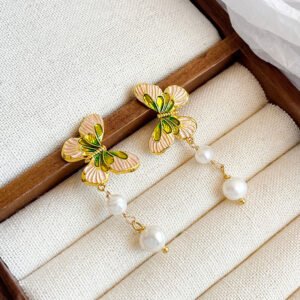 Enamel Butterfly & Pearl Jewelry Set - 18K Gold Plated Necklace, Ring & Drop Earrings