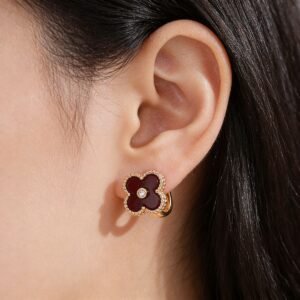 18K Gold Plated Red Carnelian Four Leaf Clover Clip-On Earrings, Cubic Zircon Inlaid Non-Piercing Luxury Ear Jewelry For Women