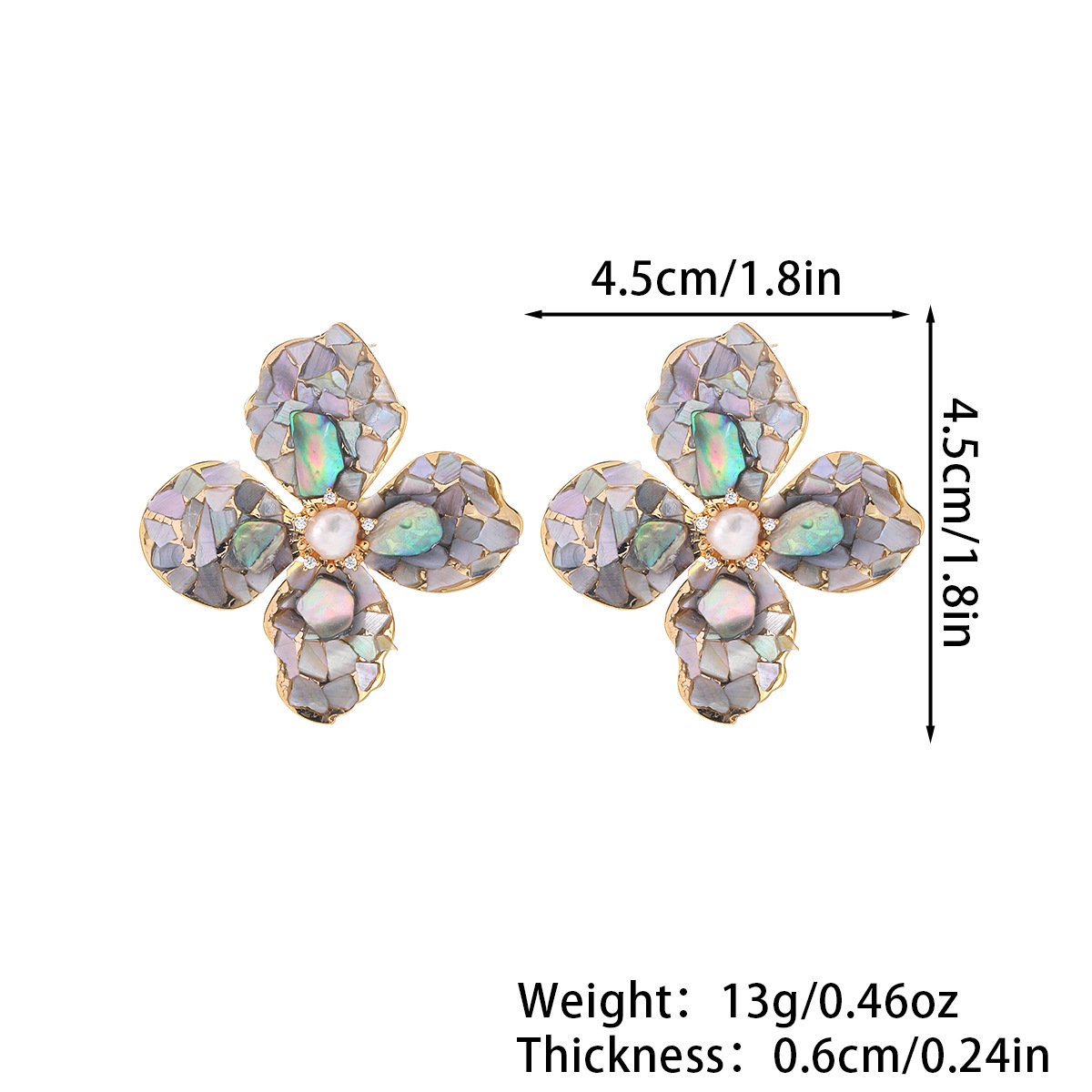 Iridescent Abalone Shell Flower Earrings, 18K Gold Plated Boho Statement Studs - Image 6