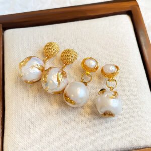 18K Gold Plated Baroque Pearl Drop Earrings - Textured Mesh Top Dangle Earrings with Gold Dipped Natural Pearls
