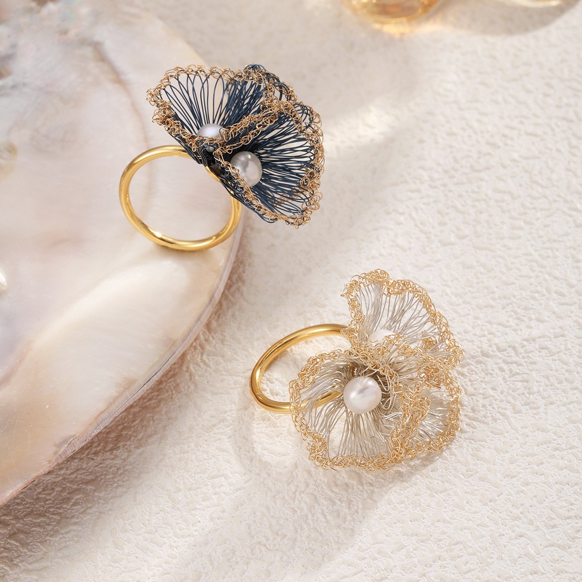 Hand-Woven Wire Flower Pearl Earrings | Gold-Plated Dainty Statement Studs - Image 2