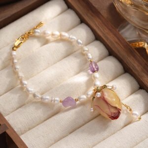 Preserved Real Rosebud Baroque Pearl Bracelet | Gold-Plated Amethyst Charm Jewelry