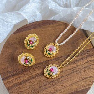 Vintage Rose Enamel Pearl Jewelry Set | Gold-Plated Necklace & Stud Earrings