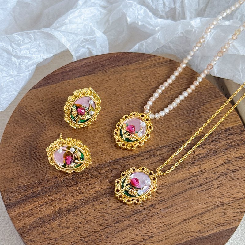 Vintage Rose Enamel Pearl Jewelry Set | Gold-Plated Necklace & Stud Earrings
