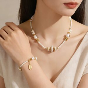 Boho Baroque Pearl & White Shell Beaded Necklace | Gold-Plated Dainty Everyday Jewelry