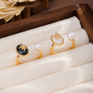 Starburst Pearl & Black Onyx Open Ring Set, 14K Gold Plated Adjustable Stackable Statement Ring for Women