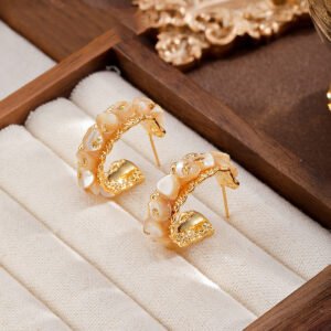 18K Gold Plated White Shell C-Shaped Hoop Earrings, Vintage Textured Half Hoop Stud Earrings for Women