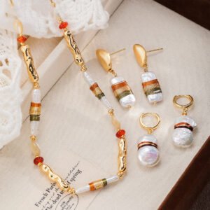 Bohemian Gold Plated Baroque Pearl Beaded Jewelry Set, Adjustable Necklace & Earrings for Women