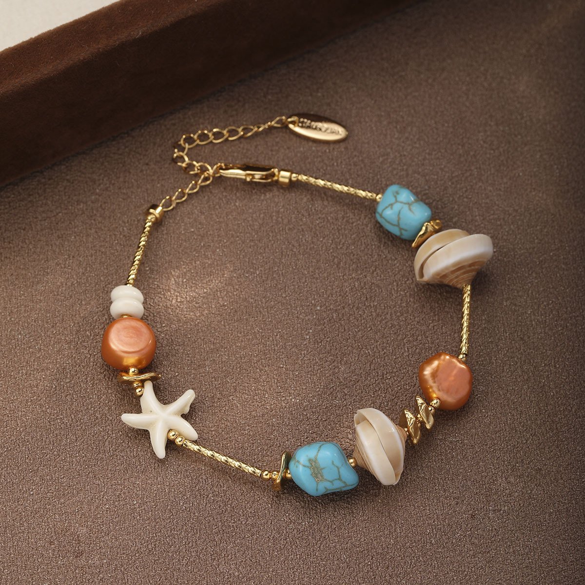 18K Gold Plated Bohemian Shell & Turquoise Beaded Bracelet, Adjustable Tropical Beach Charm Bracelet for Women - Image 2